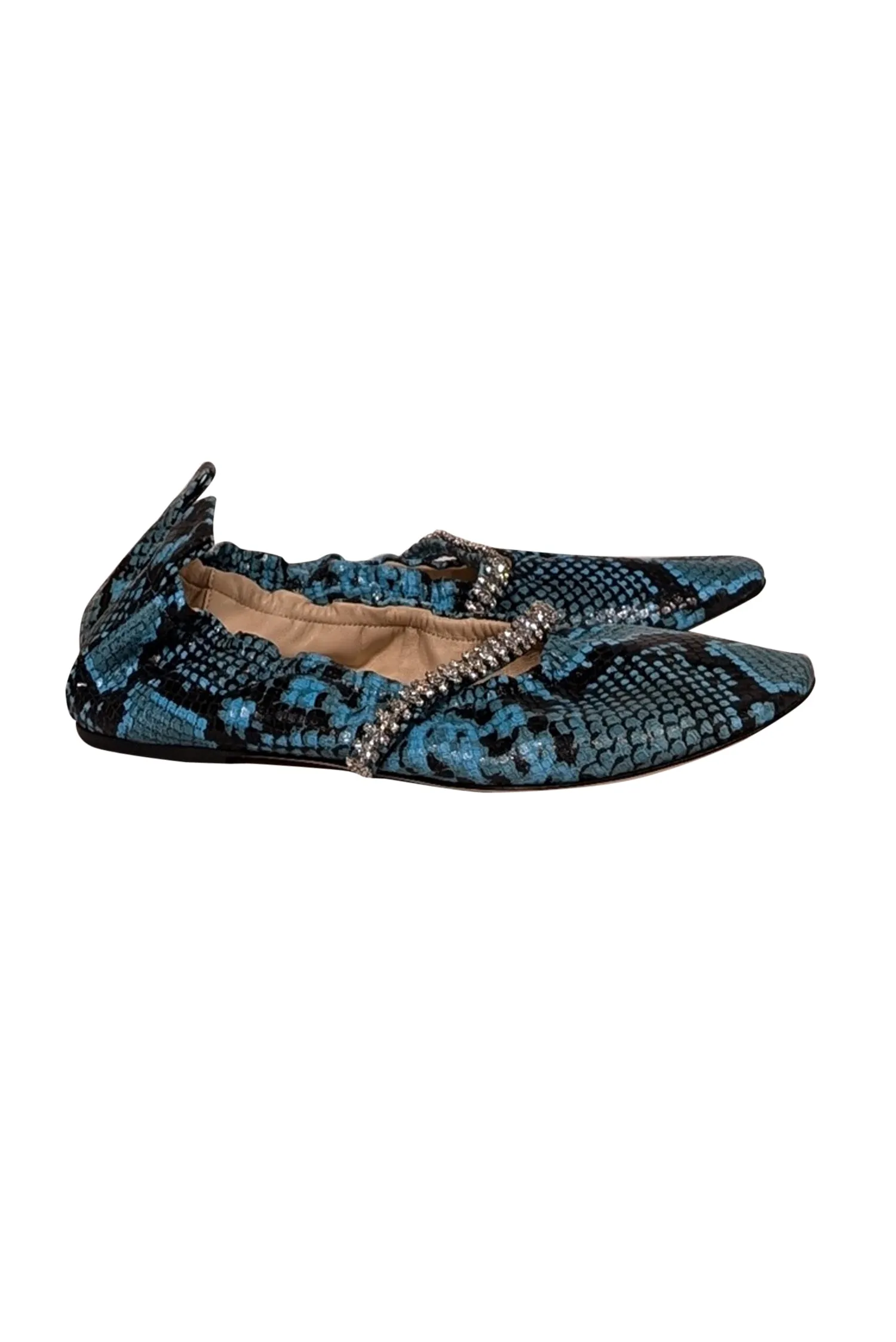 Beautisoles - Aqua Blue & Black Snakeskin Embossed Leather Flats Sz 9