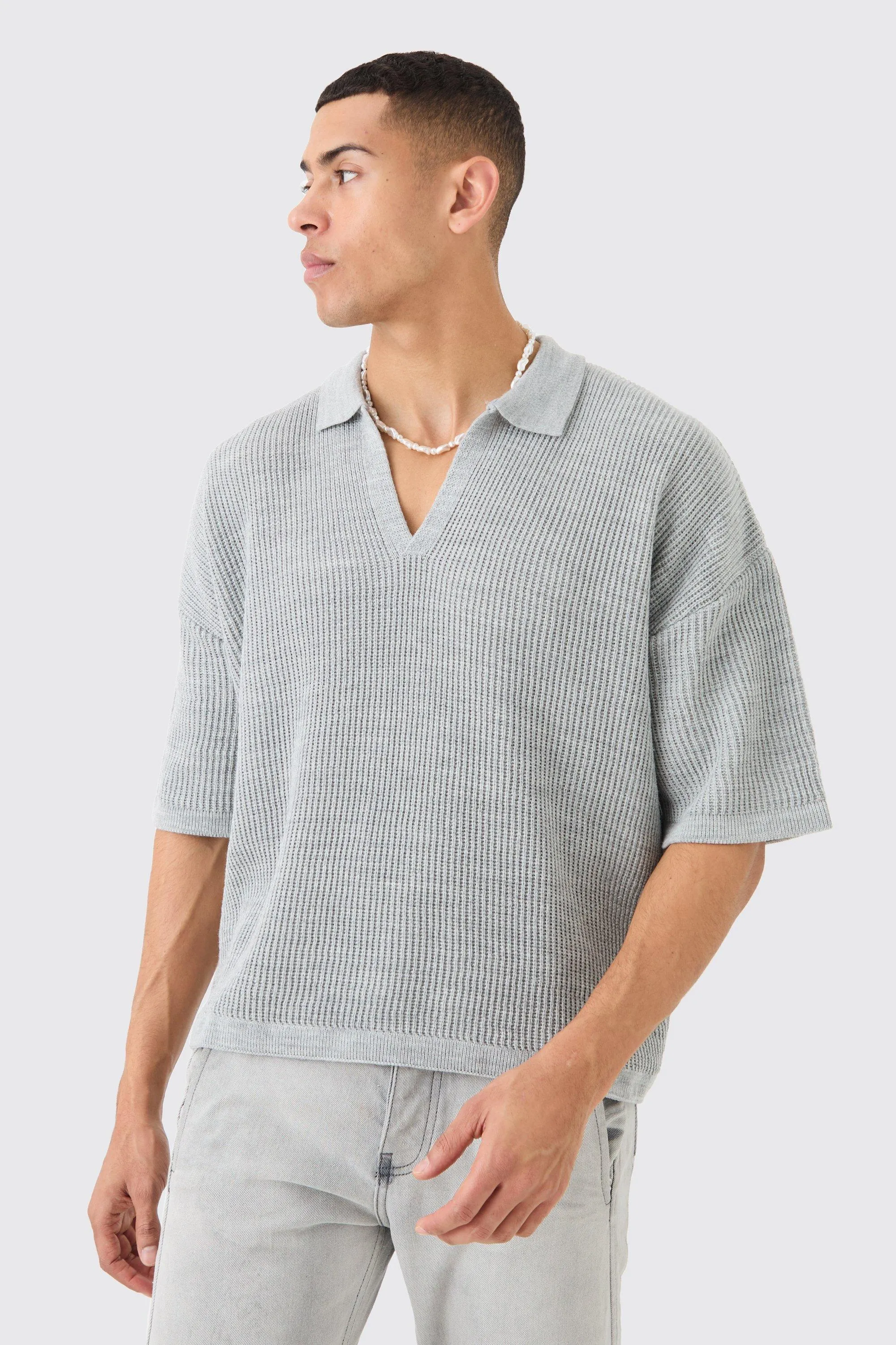 Boxy Short Sleeve Ribbed Knit Polo