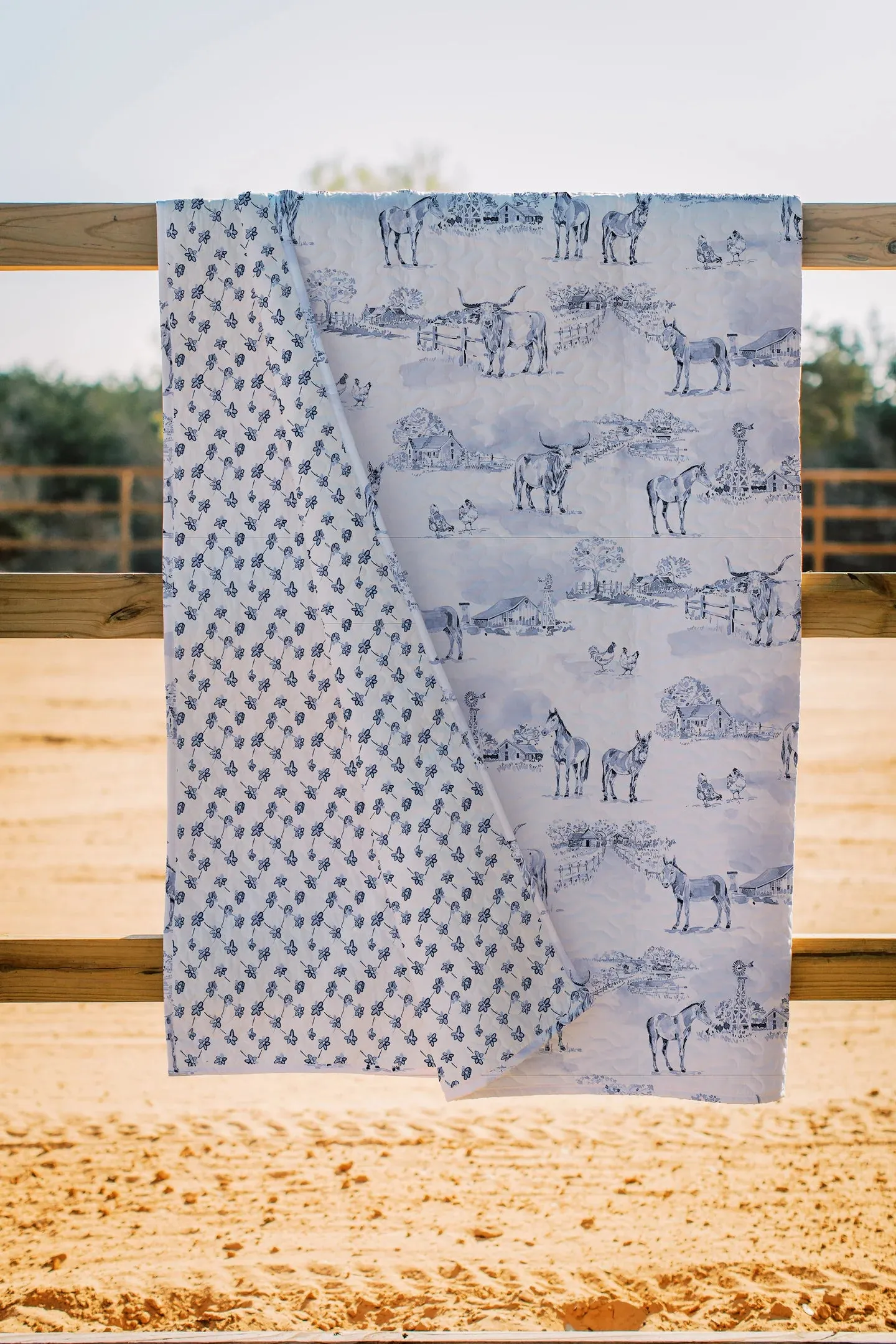 'Donkey Toile in Blue' Neutral Quilt Set (Twin, Queen, King)