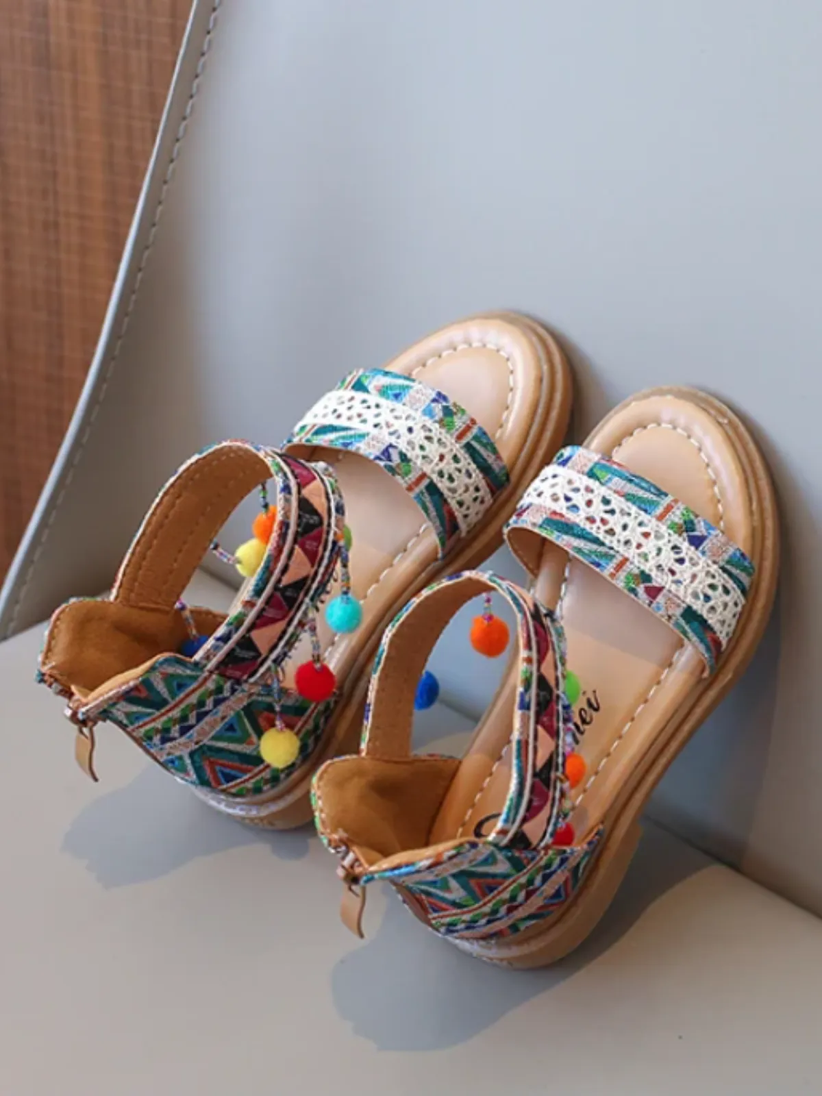 Girls' Boho Tribal Print Sandals with Pom-Poms By Liv and Mia