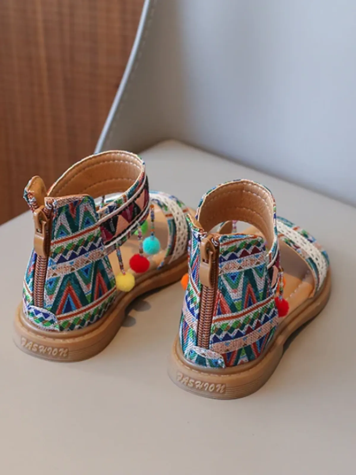 Girls' Boho Tribal Print Sandals with Pom-Poms By Liv and Mia