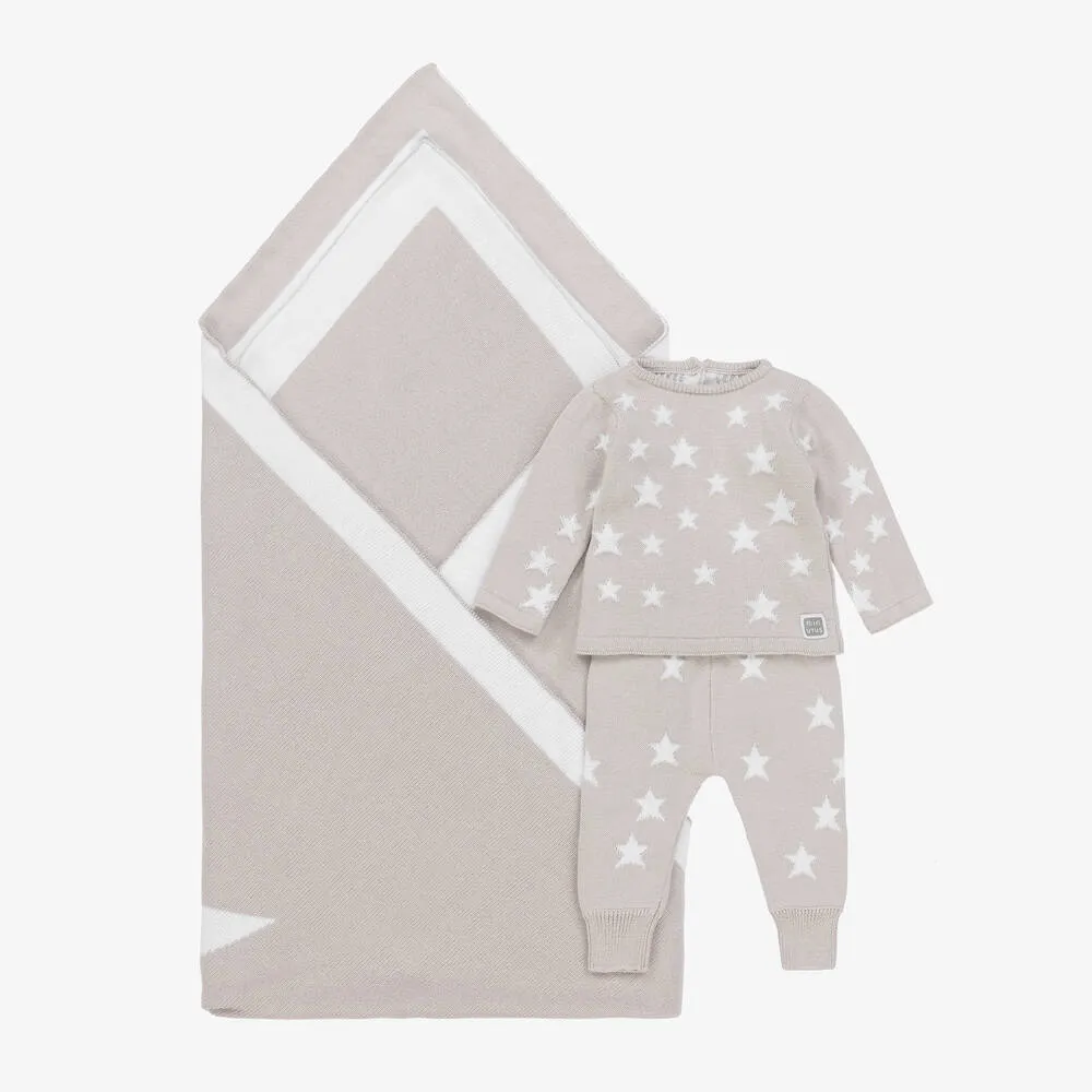 Grey Knitted Blanket & Babysuit Set