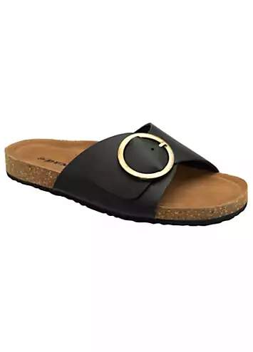 Nisha Black Leather Crossover Buckle Footbed Sandals by Dunlop | Look Again