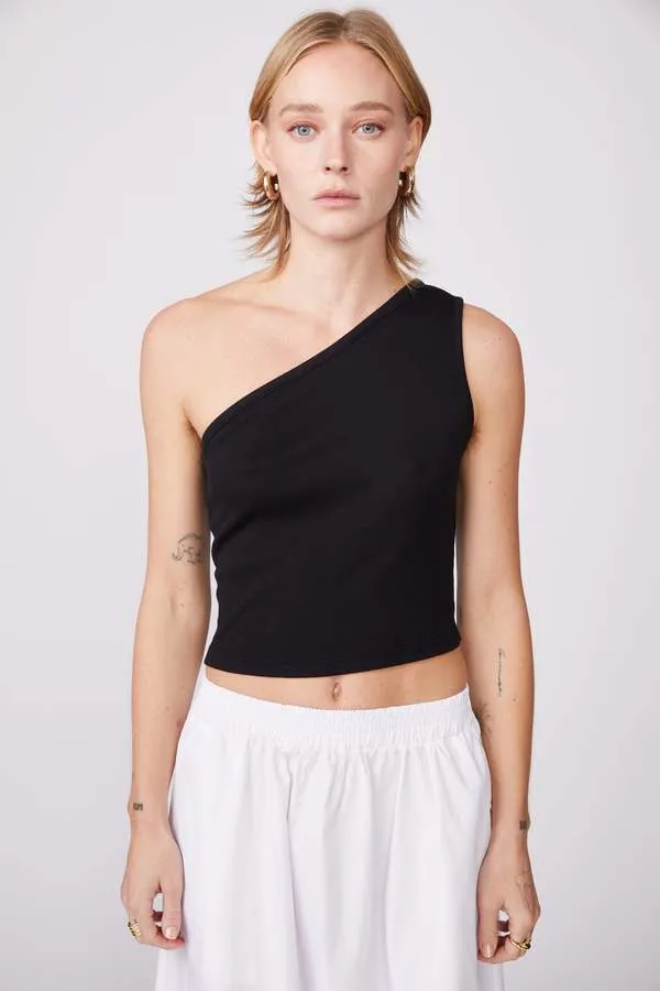 One Shoulder Rib Tank - Black