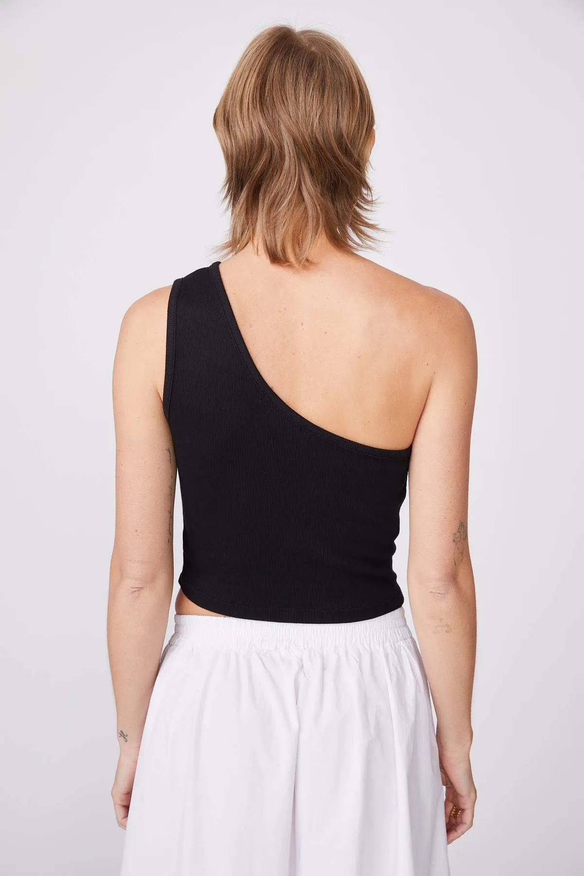 One Shoulder Rib Tank - Black