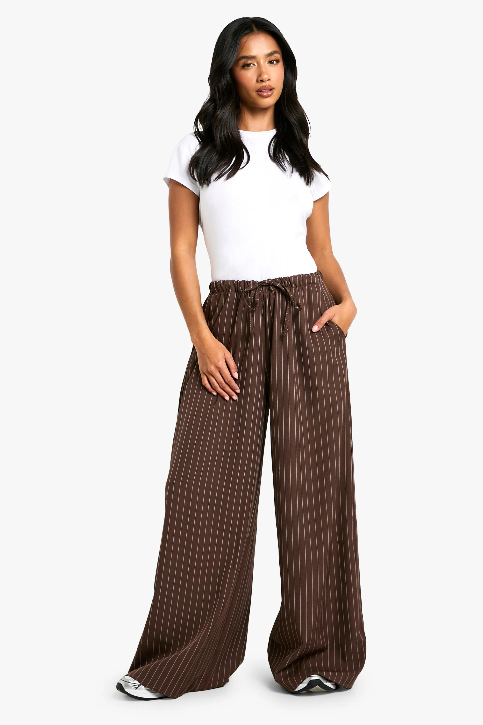 Petite Drawstring Stripe Wide Leg Trousers