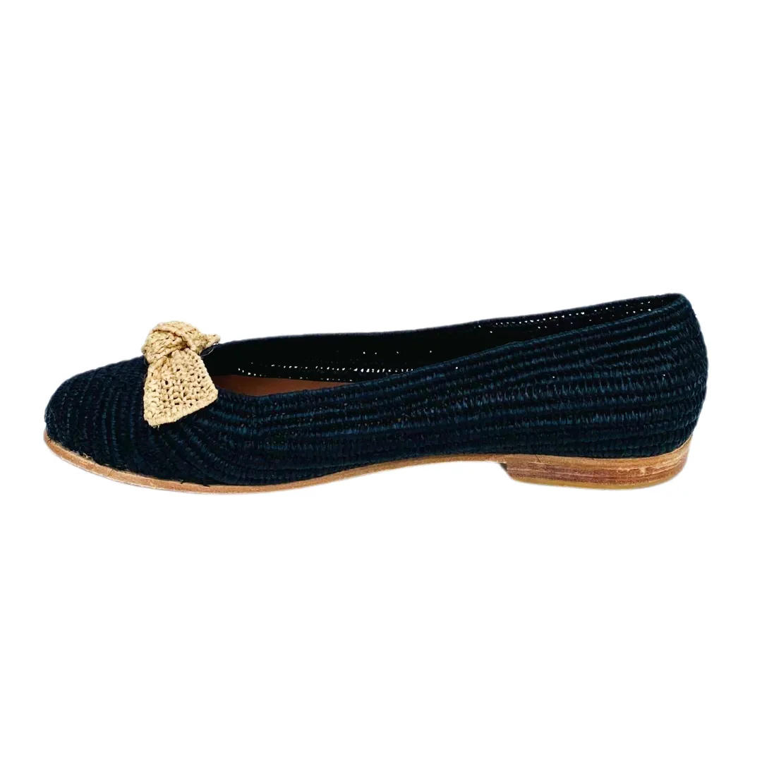 Raffia Ballet Flats (Black) with Natural Bow Tie