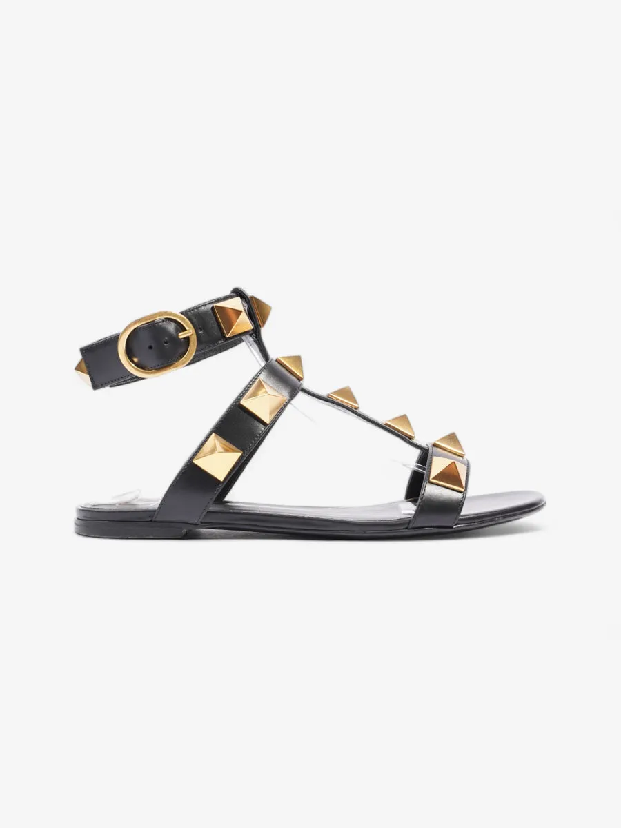 Roman Stud Flat Sandals Black / Gold Calfskin Leather EU 38 UK 5