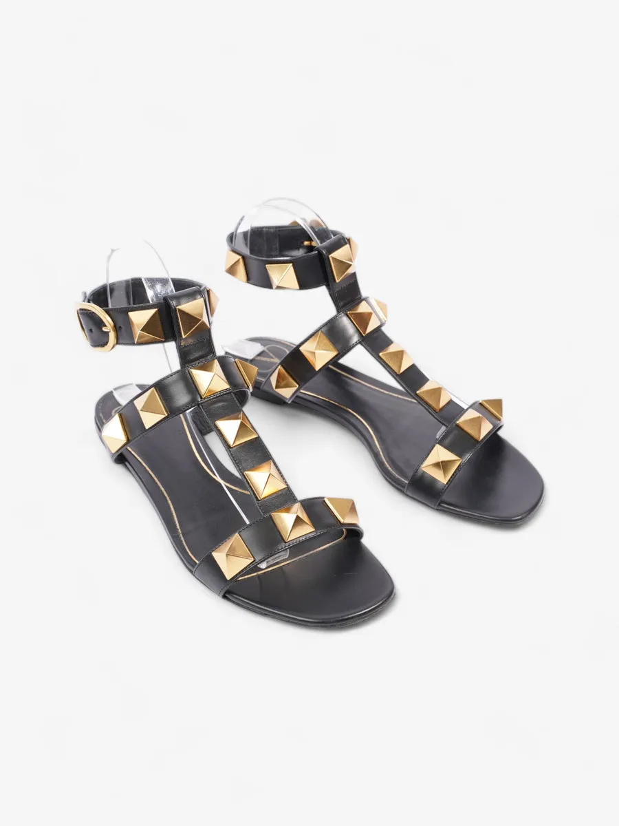 Roman Stud Flat Sandals Black / Gold Calfskin Leather EU 38 UK 5