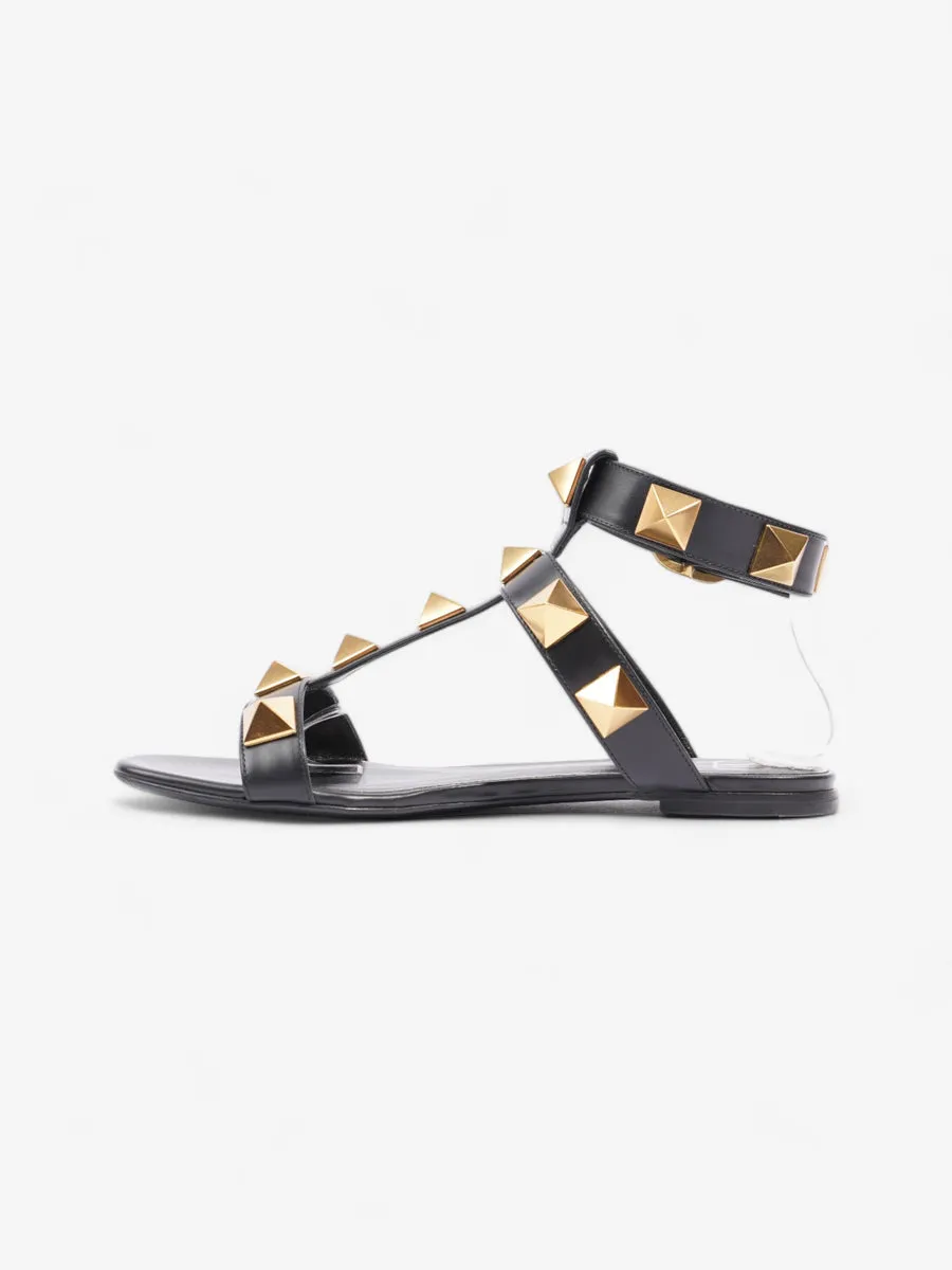 Roman Stud Flat Sandals Black / Gold Calfskin Leather EU 38 UK 5