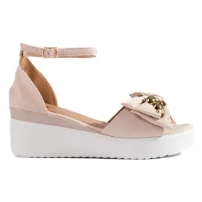 Seastar Beige women's wedge sandals with a bow