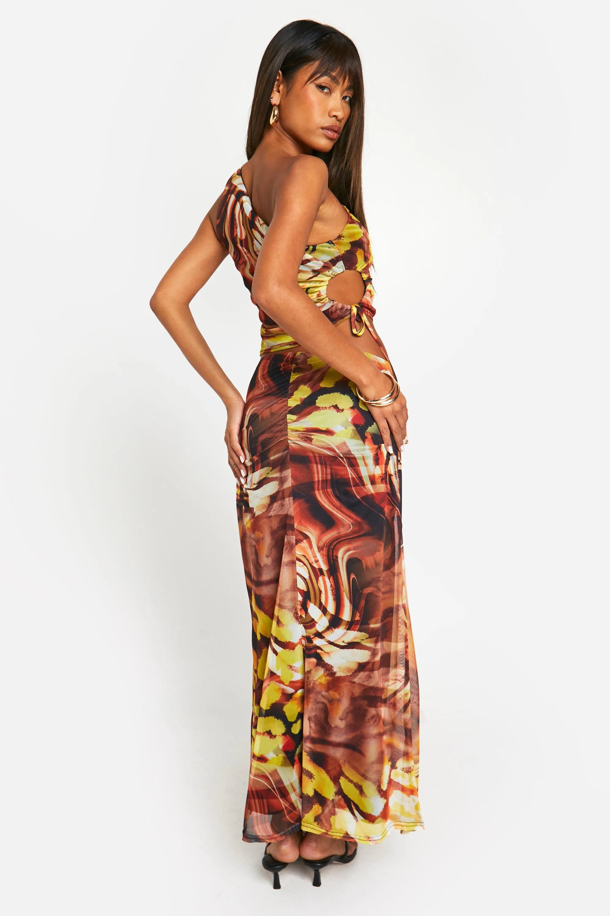 Skirt Co-ords | Abstract Print One Shoulder Crop & Maxi Skirt | boohoo