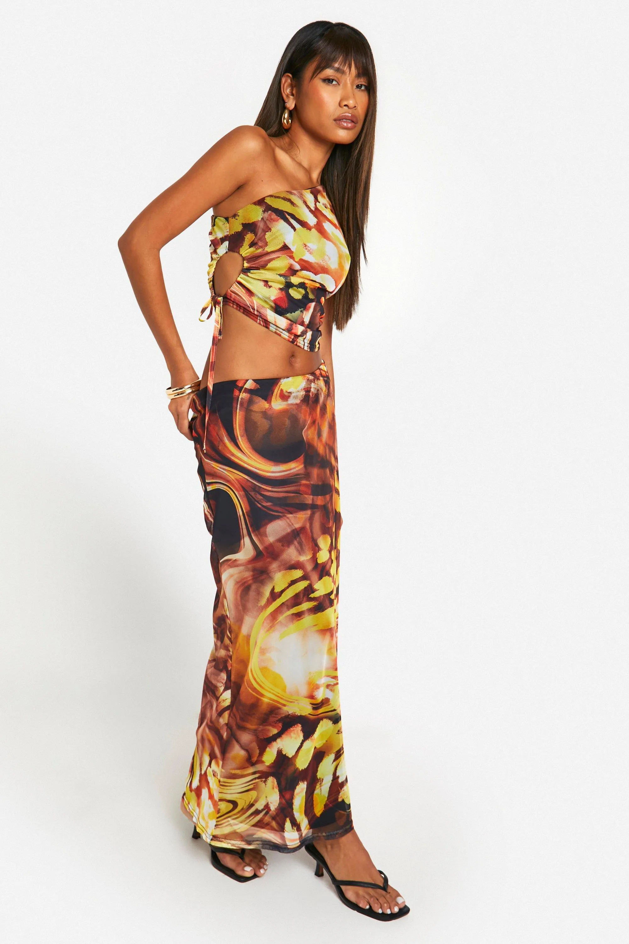 Skirt Co-ords | Abstract Print One Shoulder Crop & Maxi Skirt | boohoo