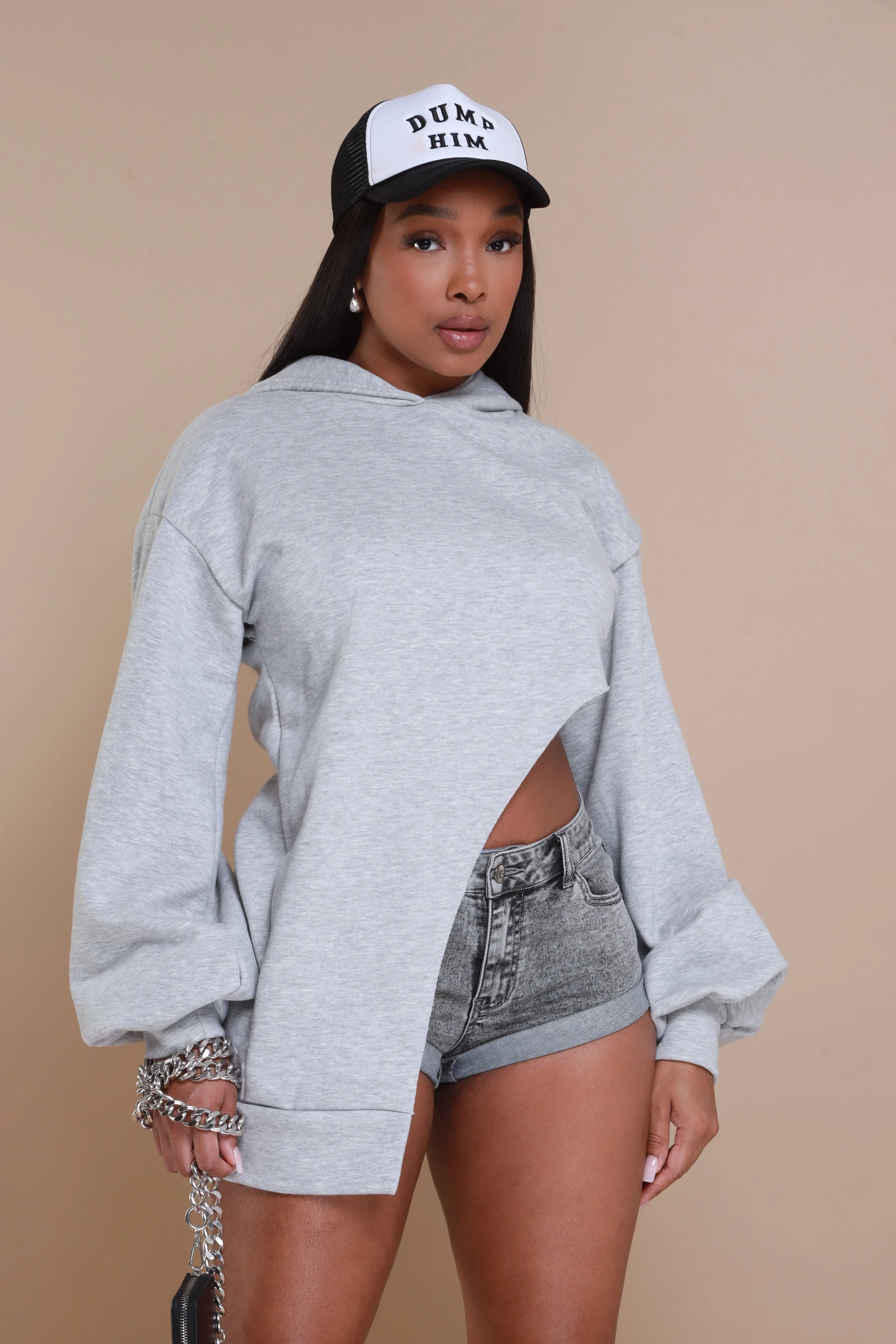 Strike Out Asymmetrical Oversized Hoodie - Heather Grey