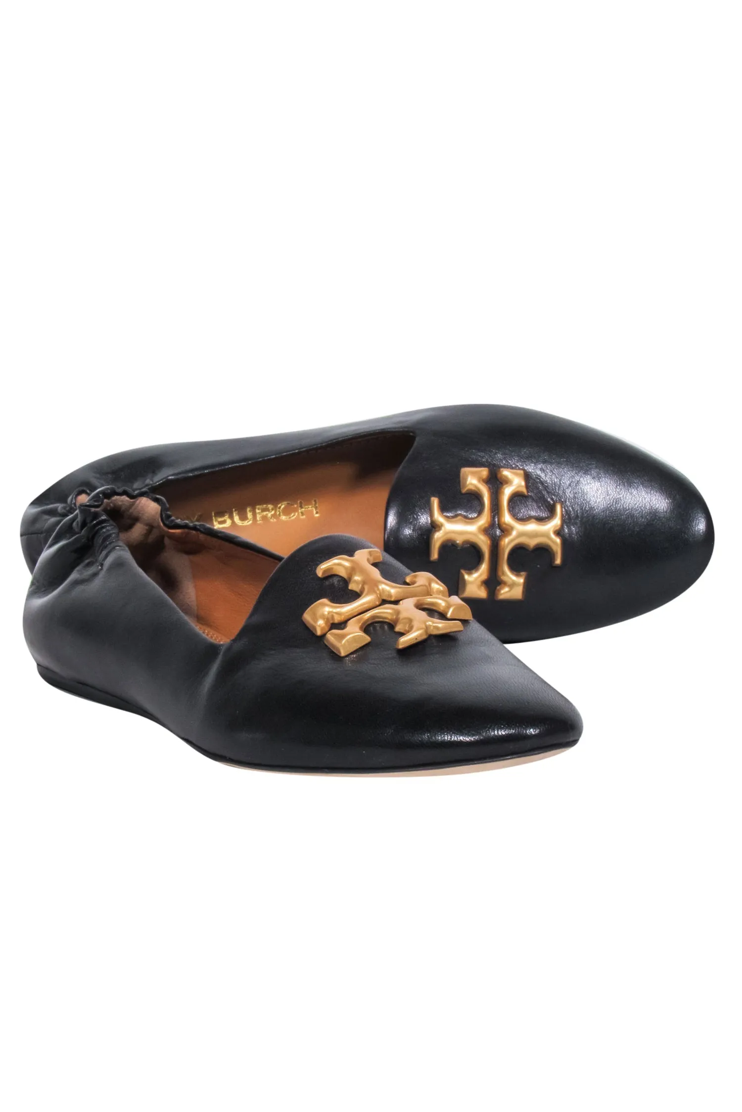 Tory Burch - Black Leather Flats w/ Large Gold Logo Toe Sz 8.5