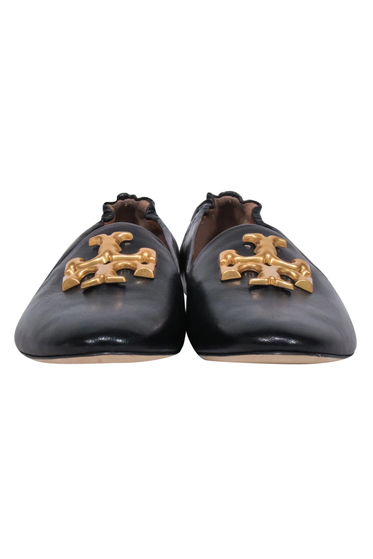 Tory Burch - Black Leather Flats w/ Large Gold Logo Toe Sz 8.5