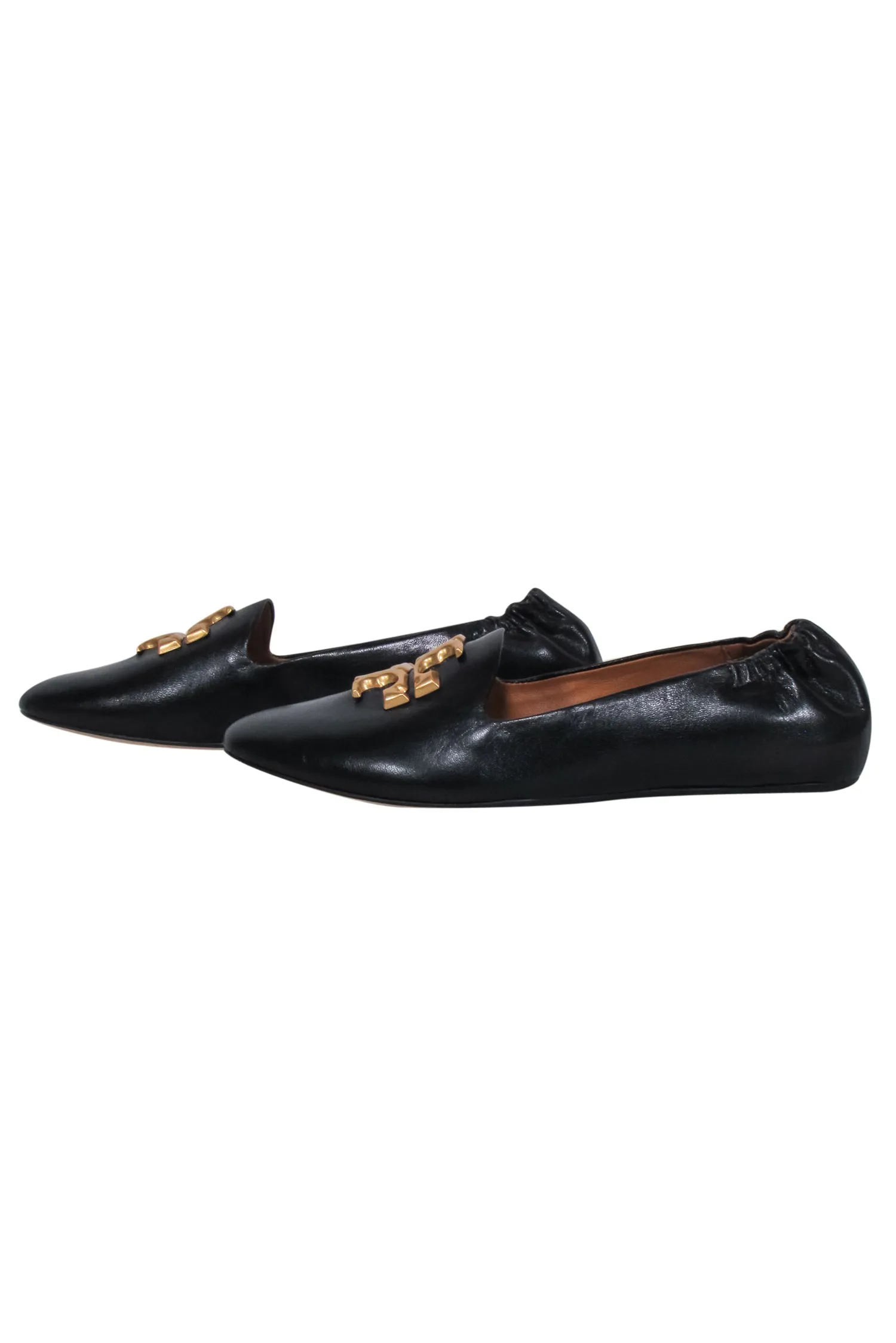 Tory Burch - Black Leather Flats w/ Large Gold Logo Toe Sz 8.5