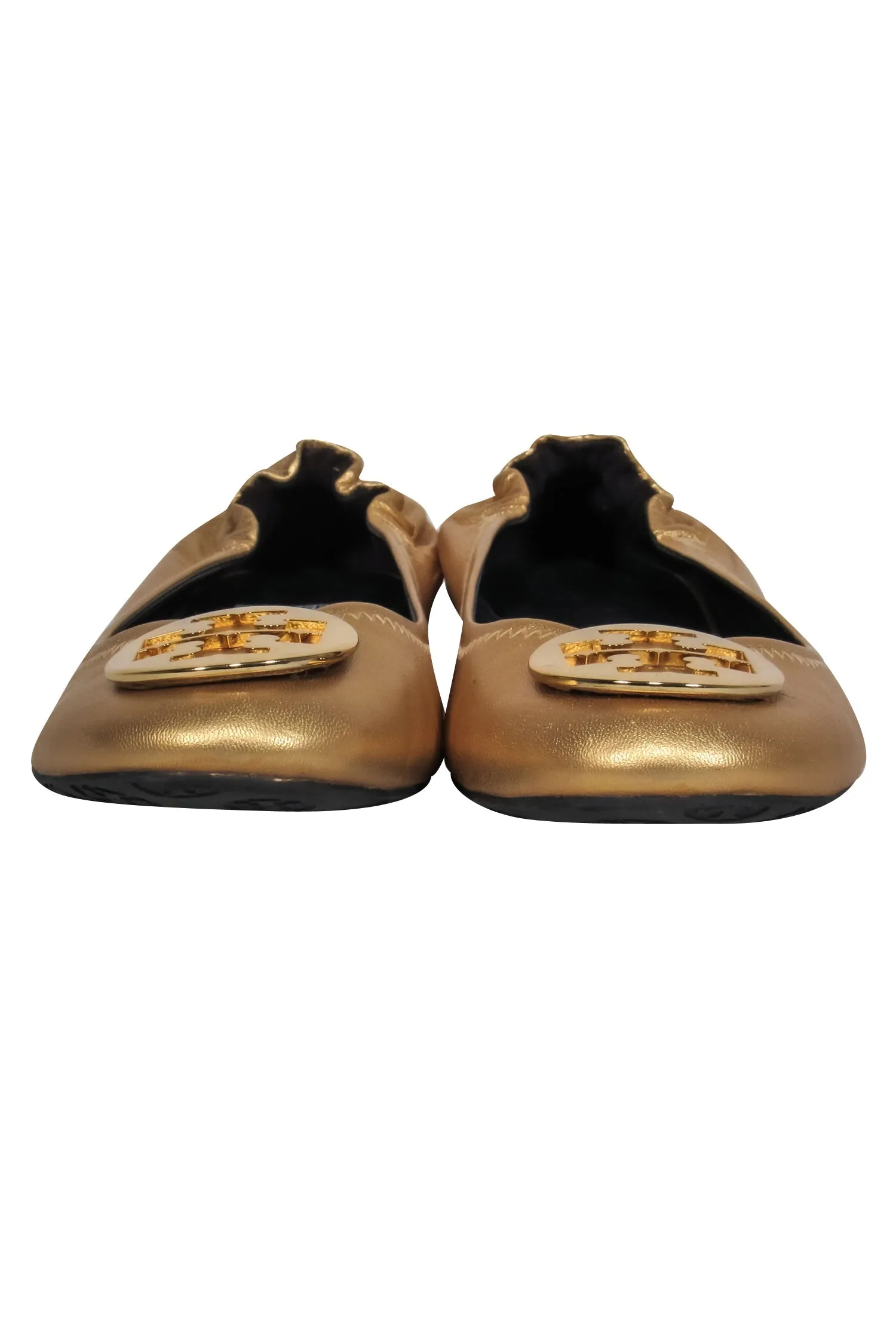 Tory Burch - Gold Leather Reva Ballet Flats w/ Gold-Toned Logo Sz 10.5