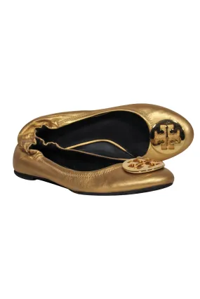 Tory Burch - Gold Leather Reva Ballet Flats w/ Gold-Toned Logo Sz 10.5