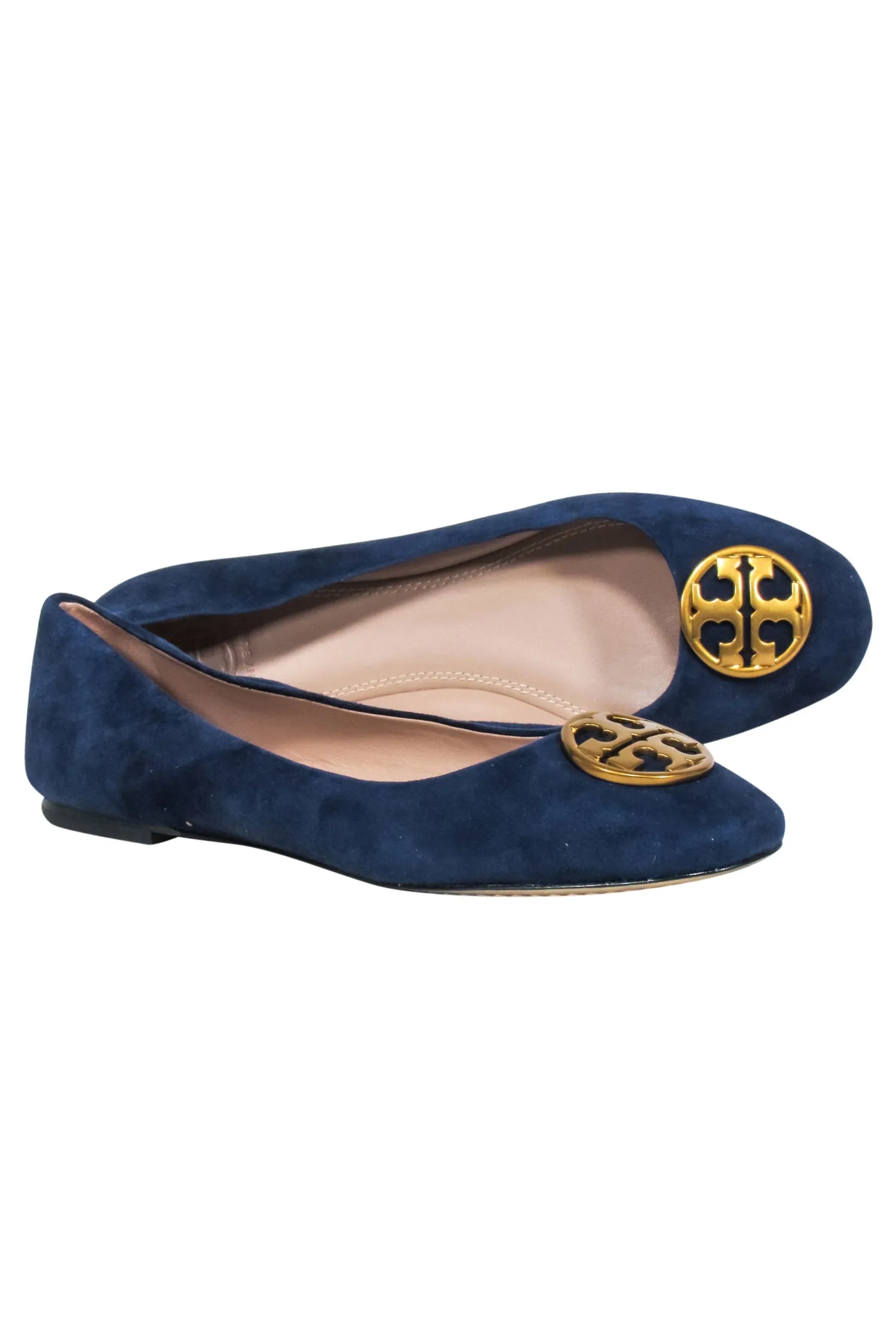 Tory Burch- Navy Suede Ballet Flats w/ Gold-Tone Logo Sz 8