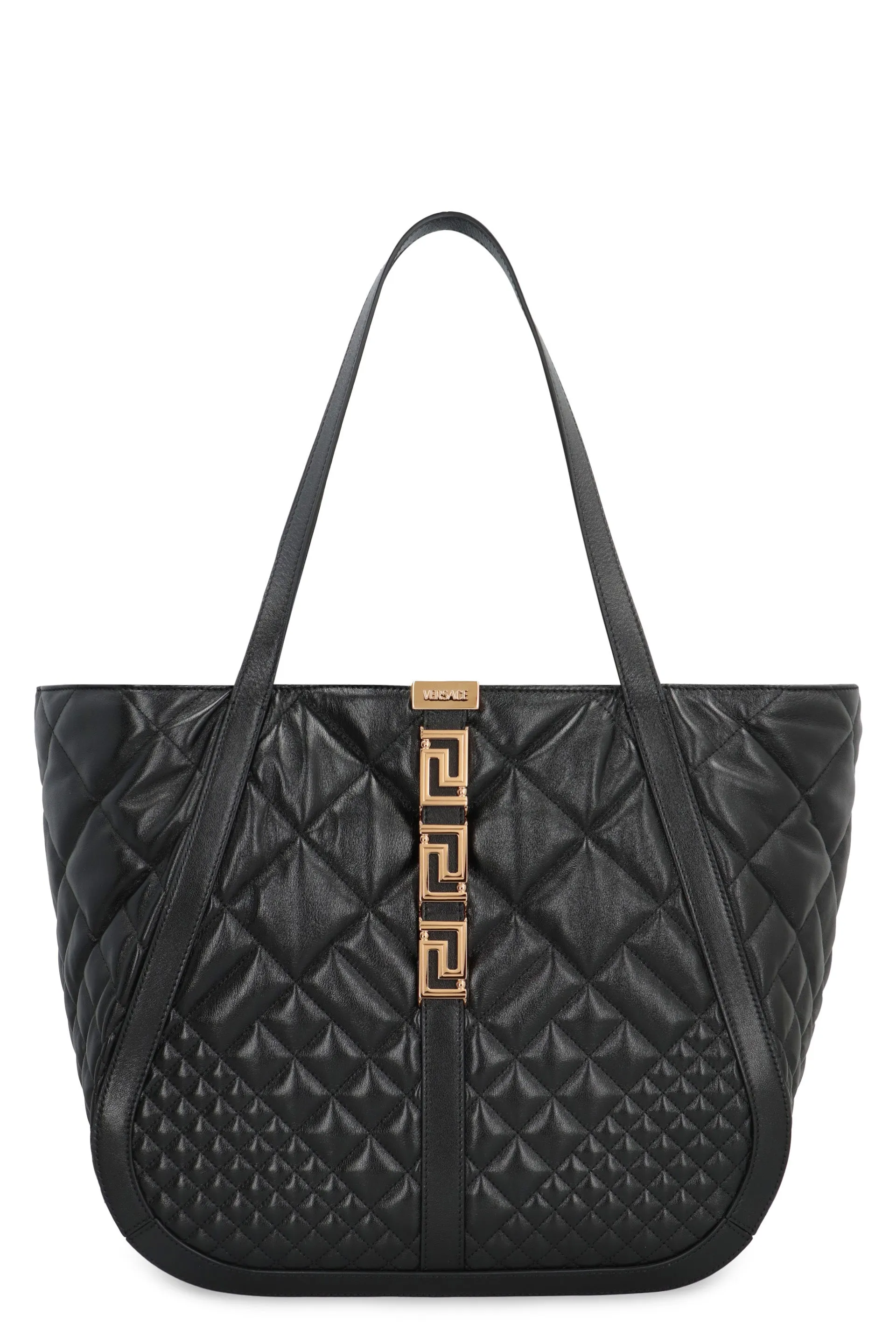 VERSACE Grecian Goddess Leather Tote Handbag - Quilted, Magnetic Fastening, Gold-Tone Hardware, Women's Fashion Accessory for FW