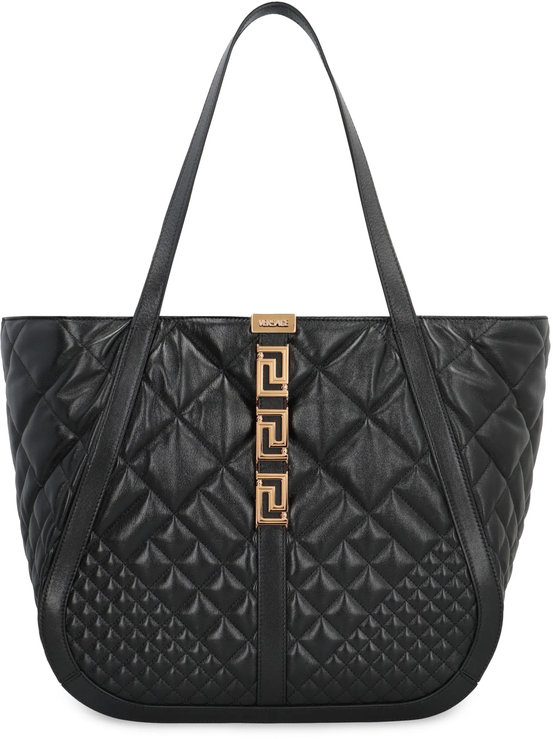 VERSACE Grecian Goddess Leather Tote Handbag - Quilted, Magnetic Fastening, Gold-Tone Hardware, Women's Fashion Accessory for FW