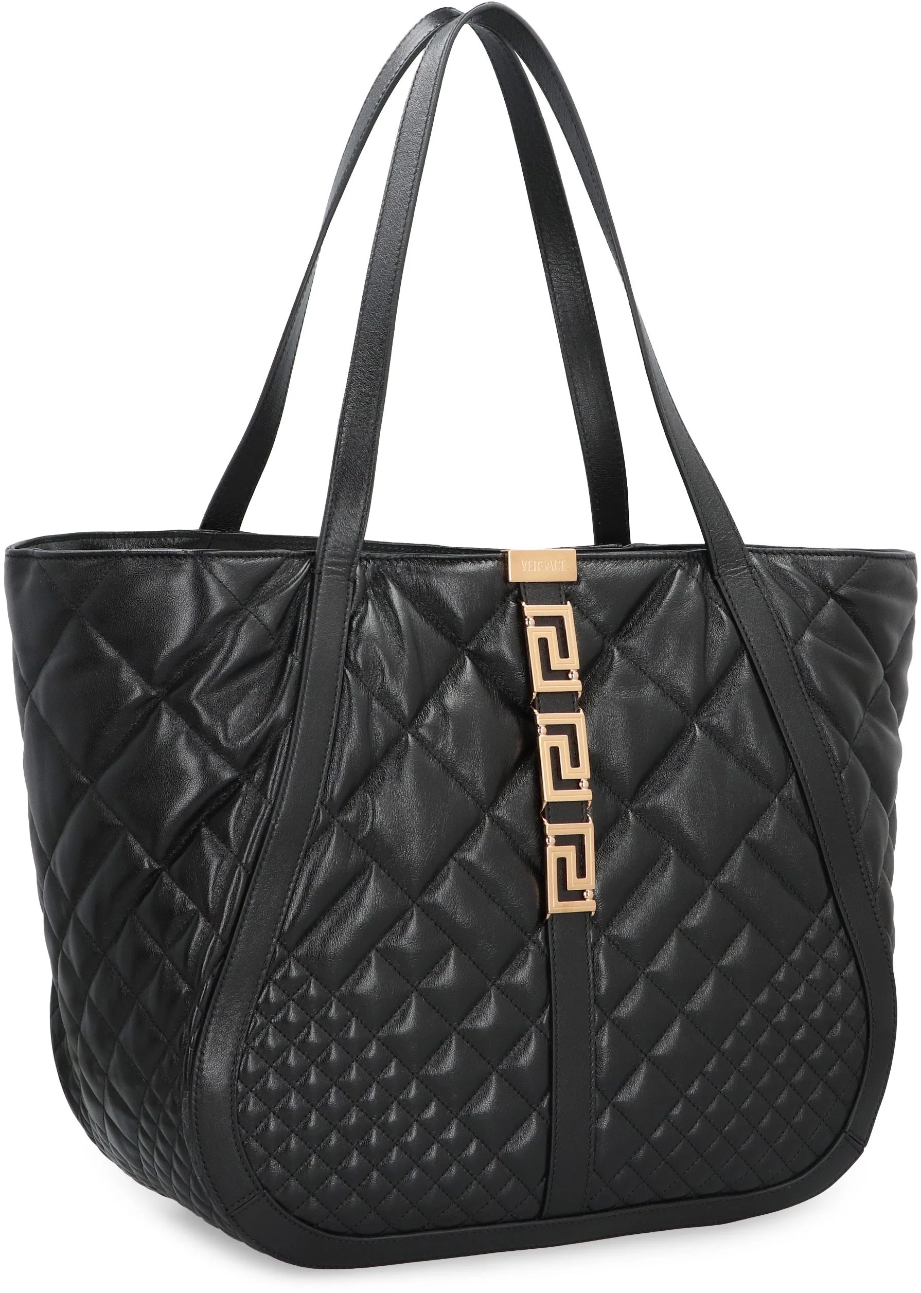 VERSACE Grecian Goddess Leather Tote Handbag - Quilted, Magnetic Fastening, Gold-Tone Hardware, Women's Fashion Accessory for FW