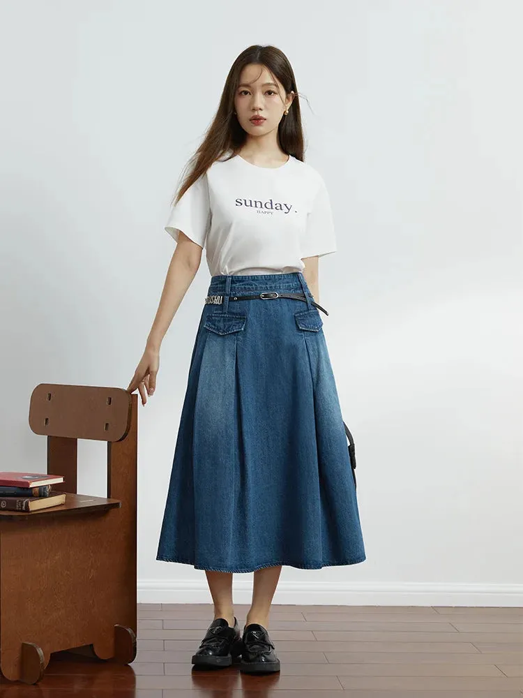 Vintage Pleated Denim Skirt Chic Designed Raw Denim Skirt with Belt